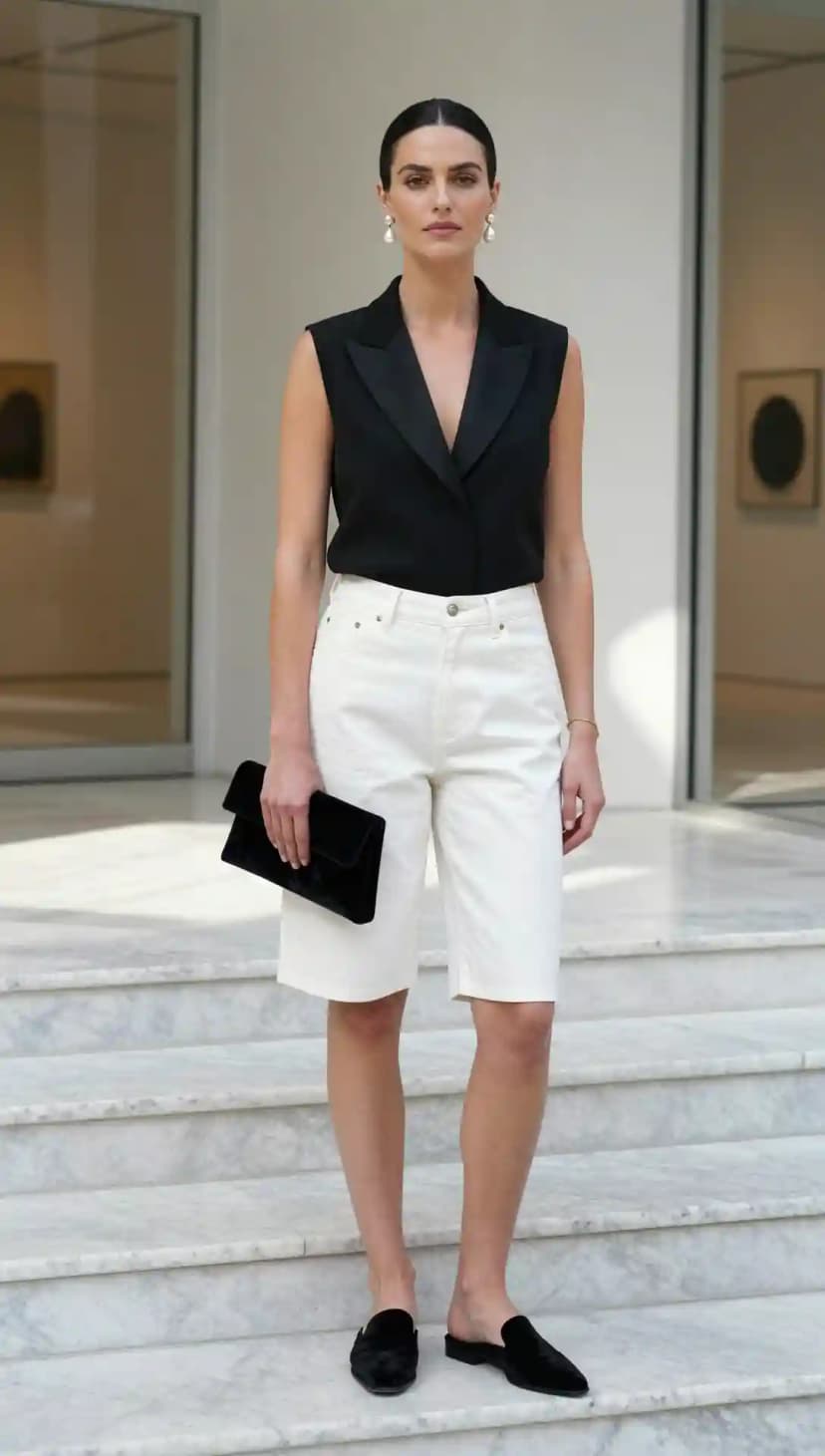 Black Sleeveless Tuxedo Top + White Denim Jorts