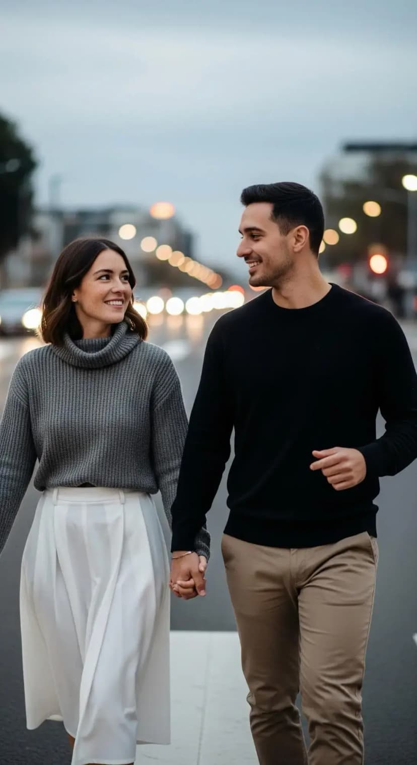 Grey Wool Turtleneck + White Pleated Trousers | Black Wool Sweater + Khaki Chinos