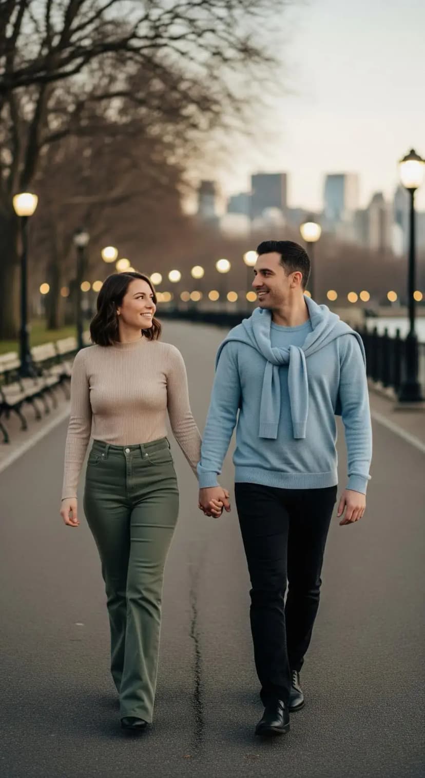 Beige Ribbed Knit Top + Olive Wide-Leg Pants | Blue Knit Sweater + Black Slim Jeans