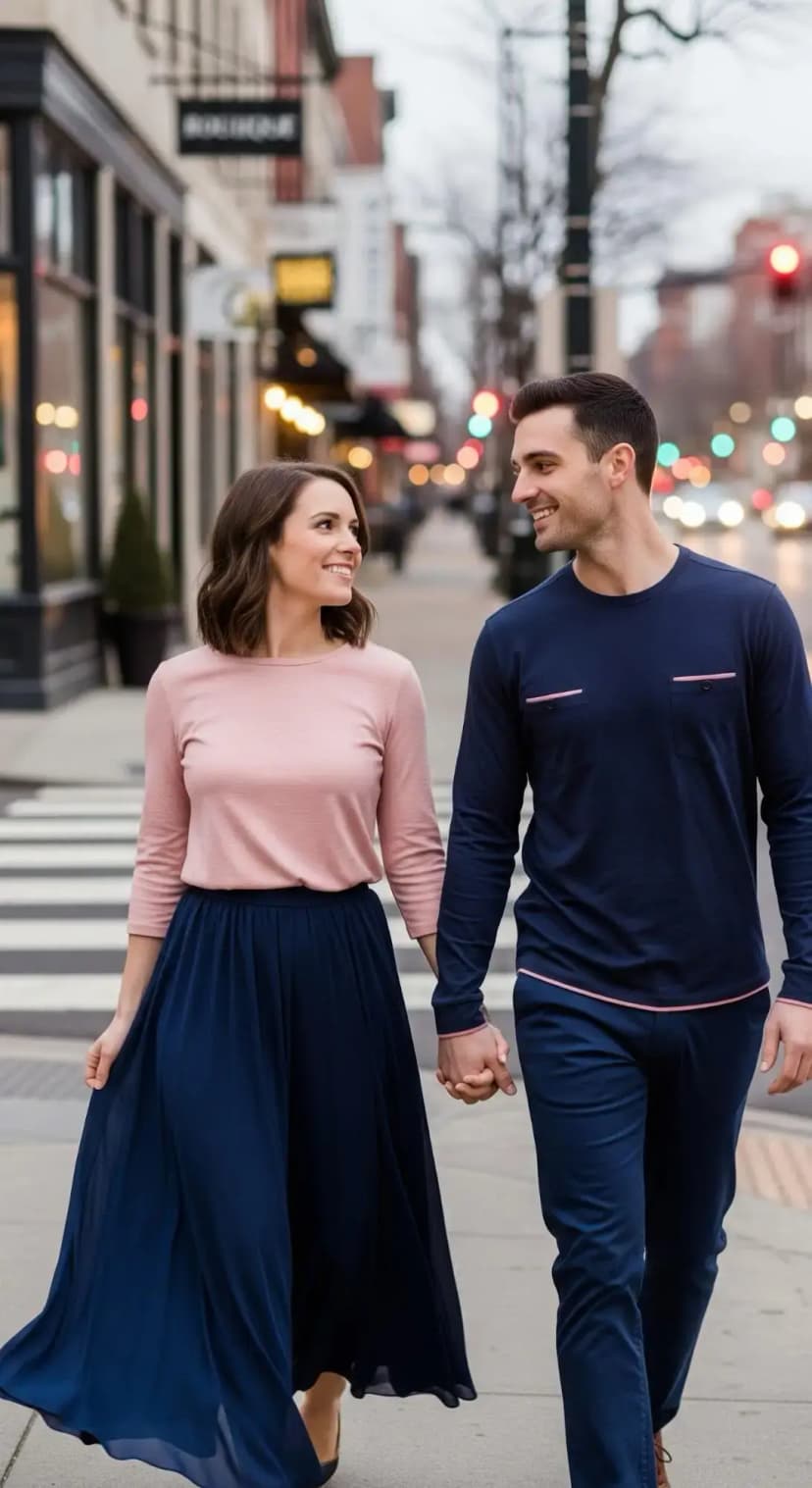 Pink Cotton Top + Navy Chiffon Maxi Skirt | Navy Long Sleeve + Navy Trousers