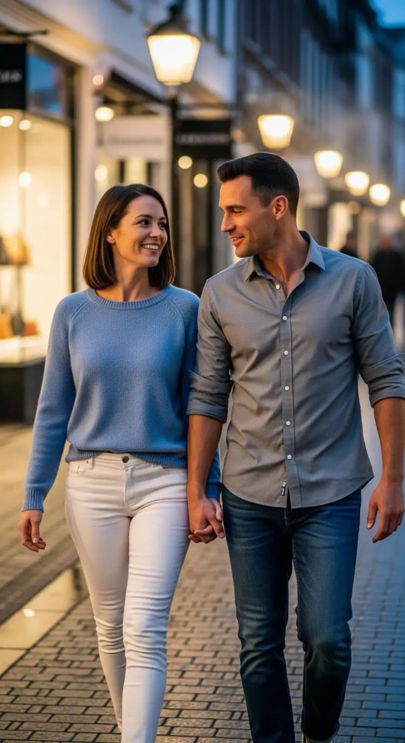 Periwinkle Cashmere Sweater + White Denim Jeans | Gray Oxford Shirt + Dark Wash Denim Jeans