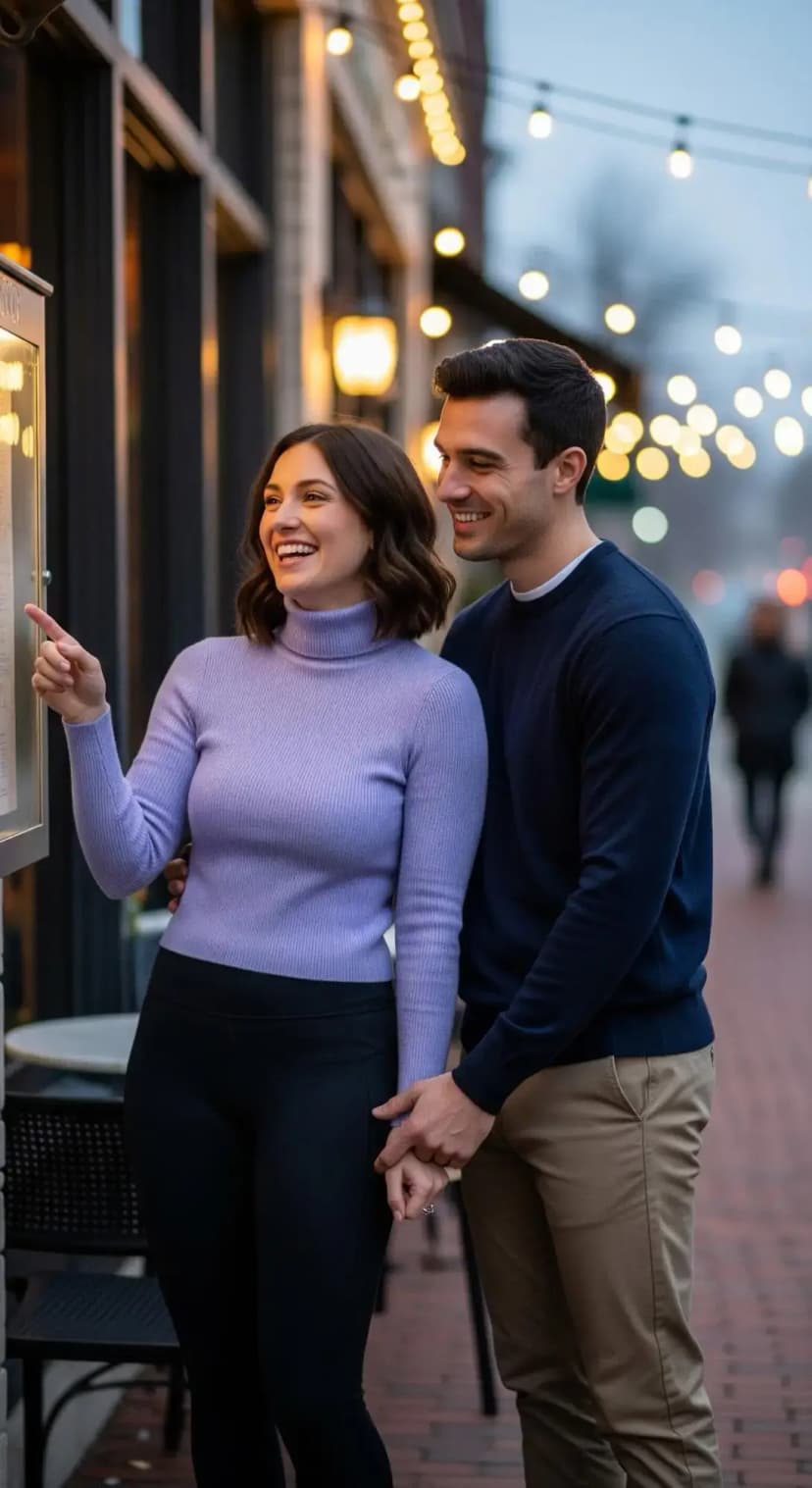 Lilac Ribbed Turtleneck + Black Ponte Leggings | Navy Knit Sweater + Khaki Chinos