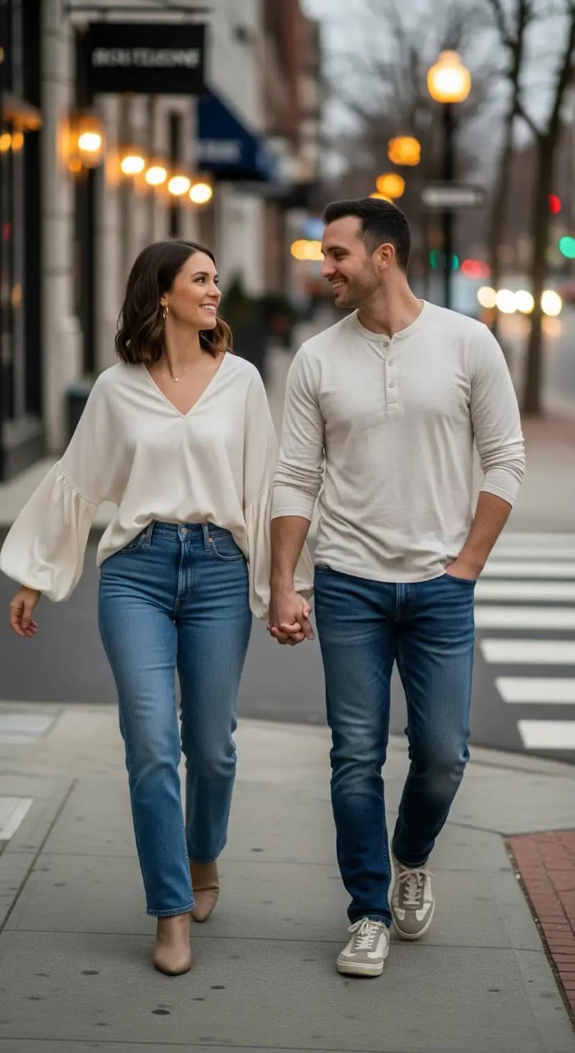 Cream V-Neck Blouse + Light Wash Jeans + Beige Ankle Boots | Soft Neutral Top + Classic Denim