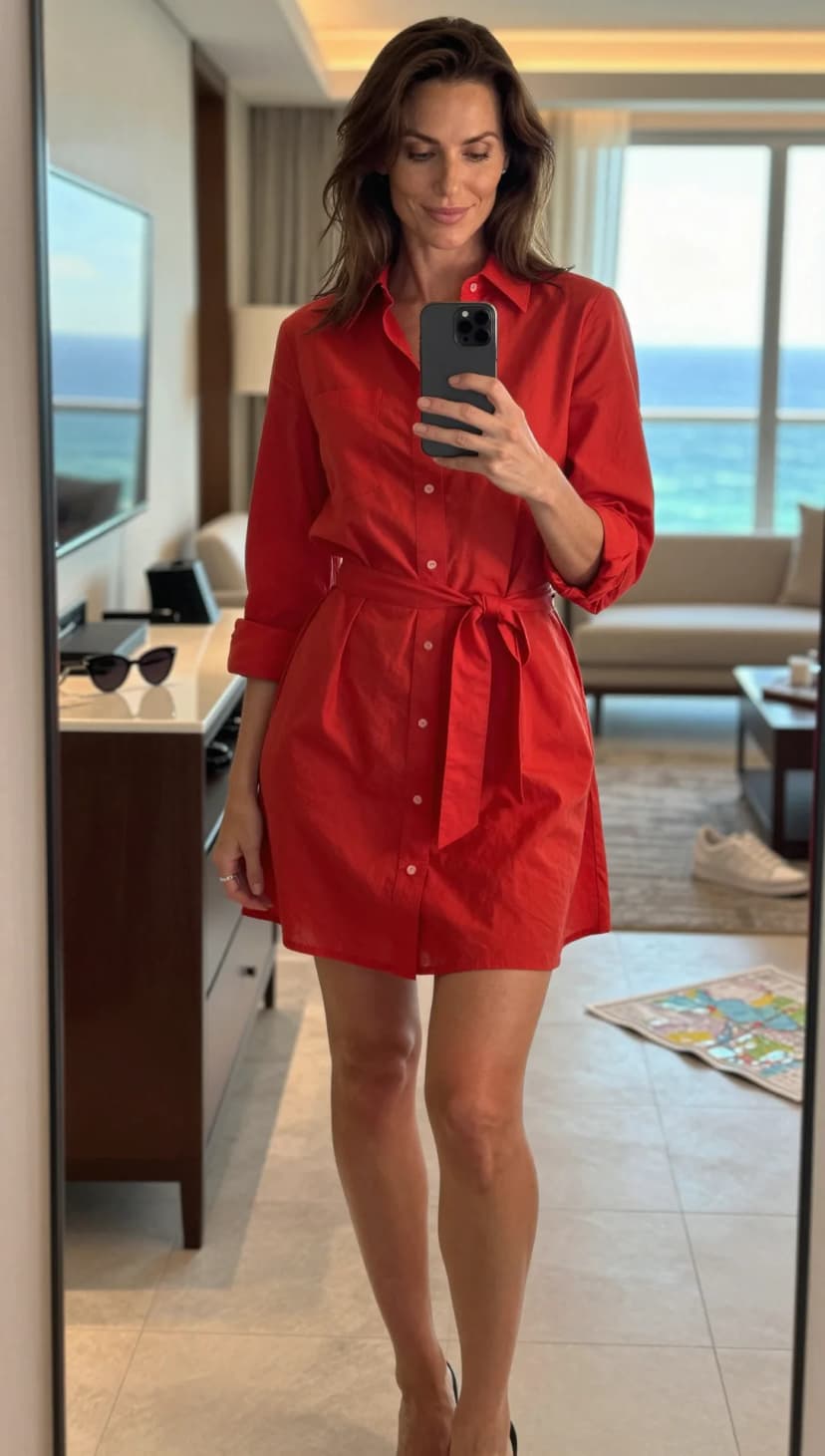 Red Cotton Shirt Dress + Black Strappy Heels
