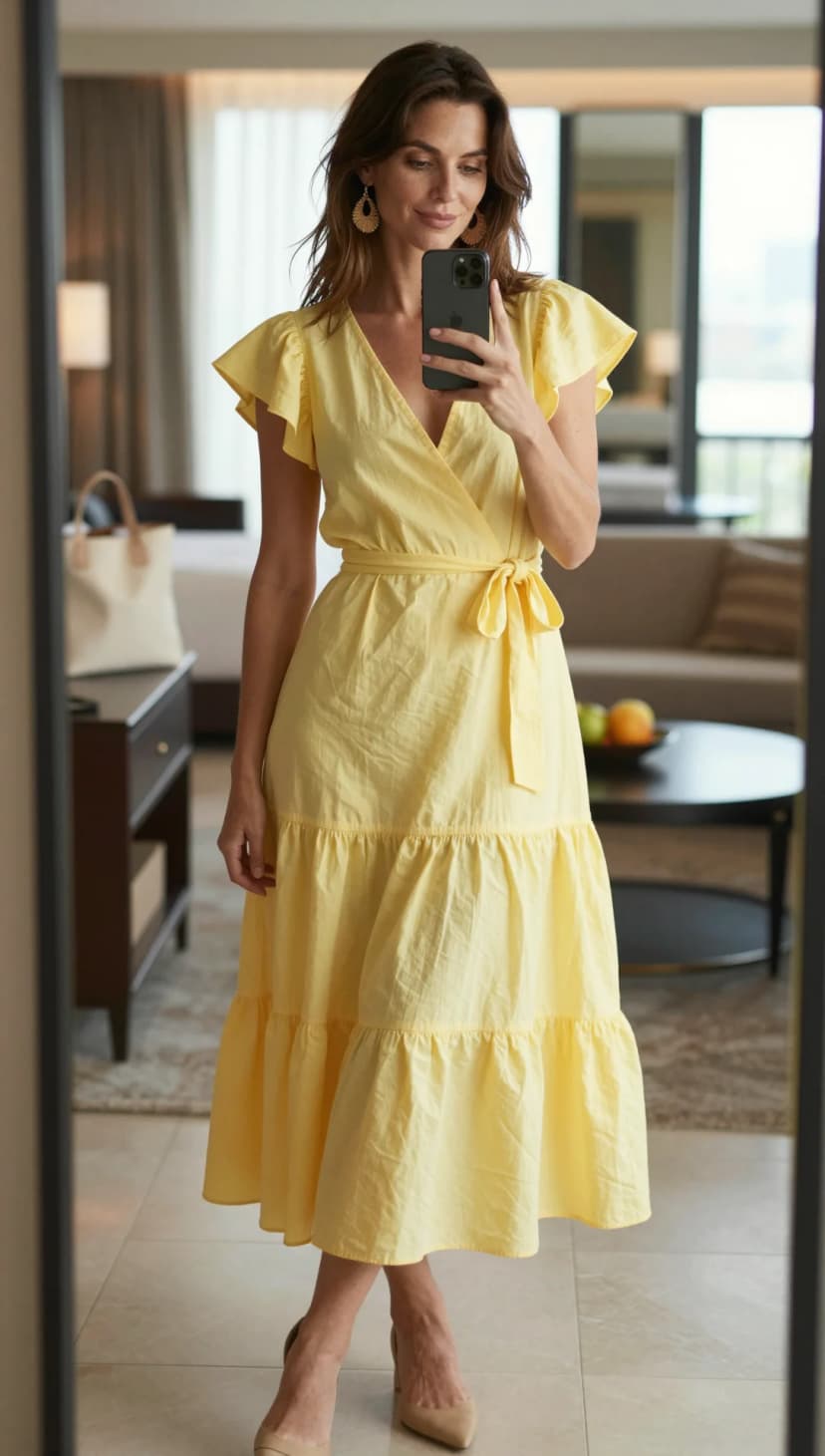 Yellow Cotton Midi Dress + Nude Pointed Heels