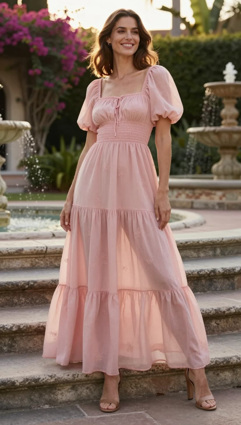 Pink Embroidered Gauze Maxi Dress