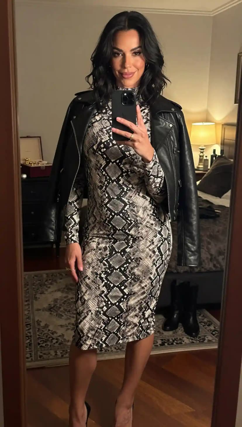 Snakeskin Midi Dress + Leather Biker Jacket