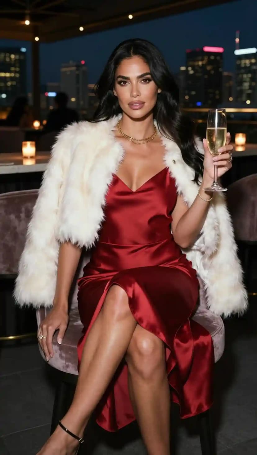 Red Satin Slip Dress + Cream Faux Fur Jacket