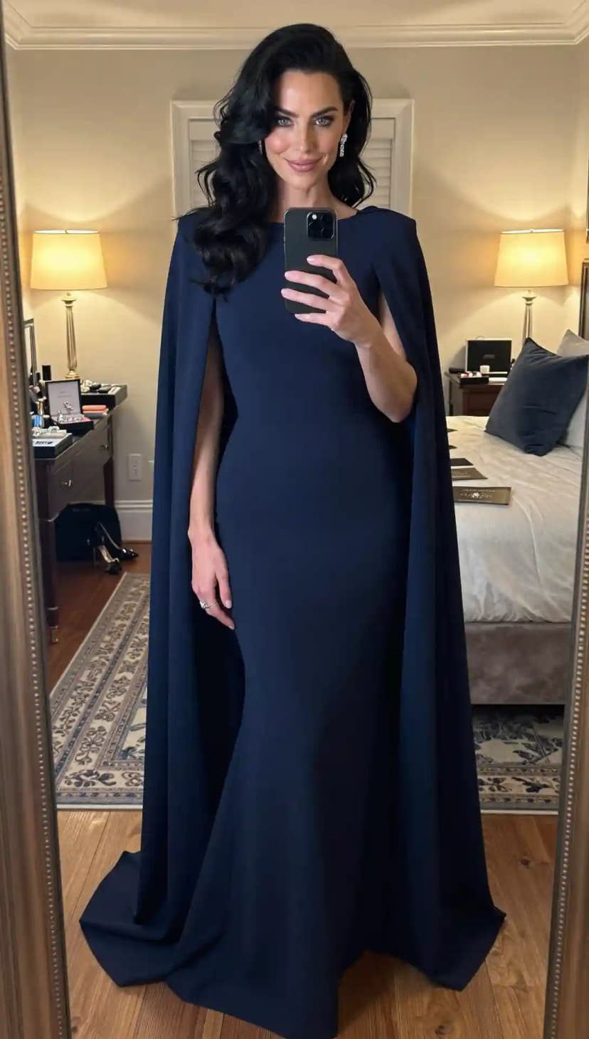 Navy Cape Gown + Diamond Drop Earrings