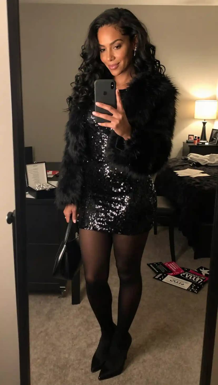 Black Sequin Mini Dress + Faux Fur Coat