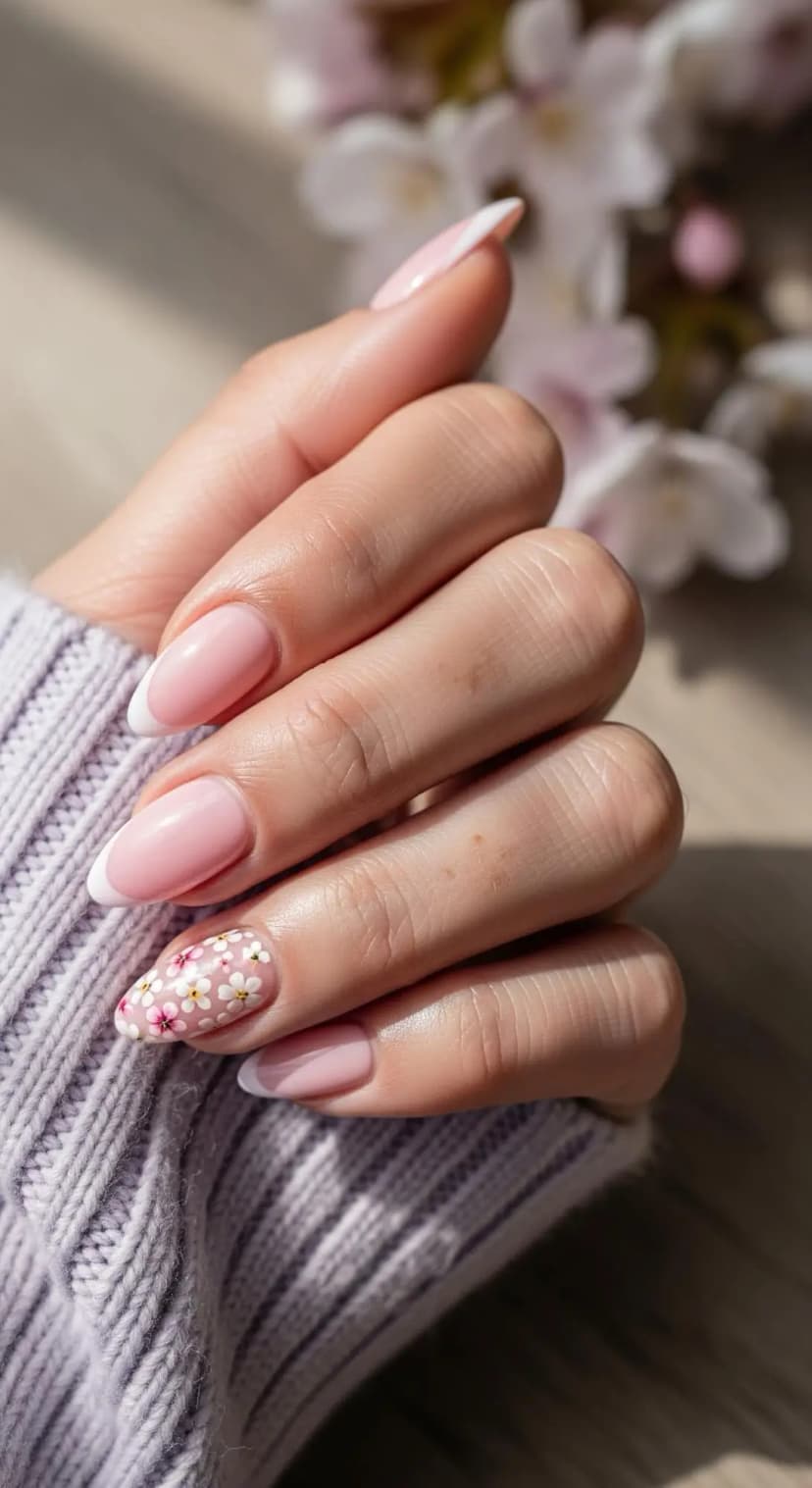 Soft Pink French Tip + Delicate Floral Accent
