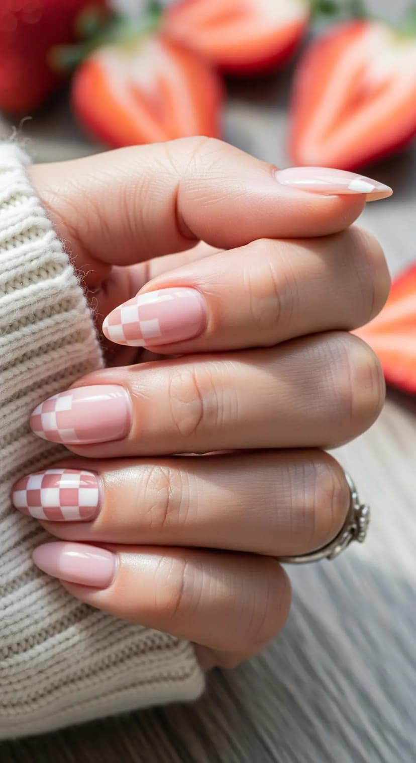 Pale Pink French Tip + Checkerboard Accent