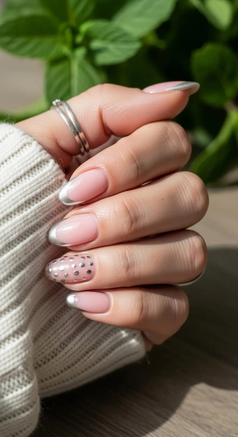 Sheer Pink French Tip + Silver Dot Accent
