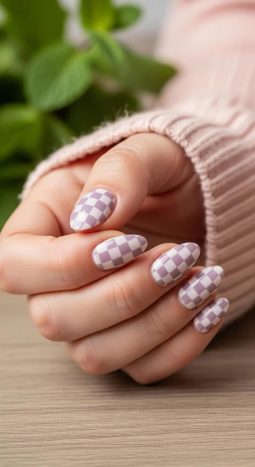 Lavender and White Gingham Almond Nails