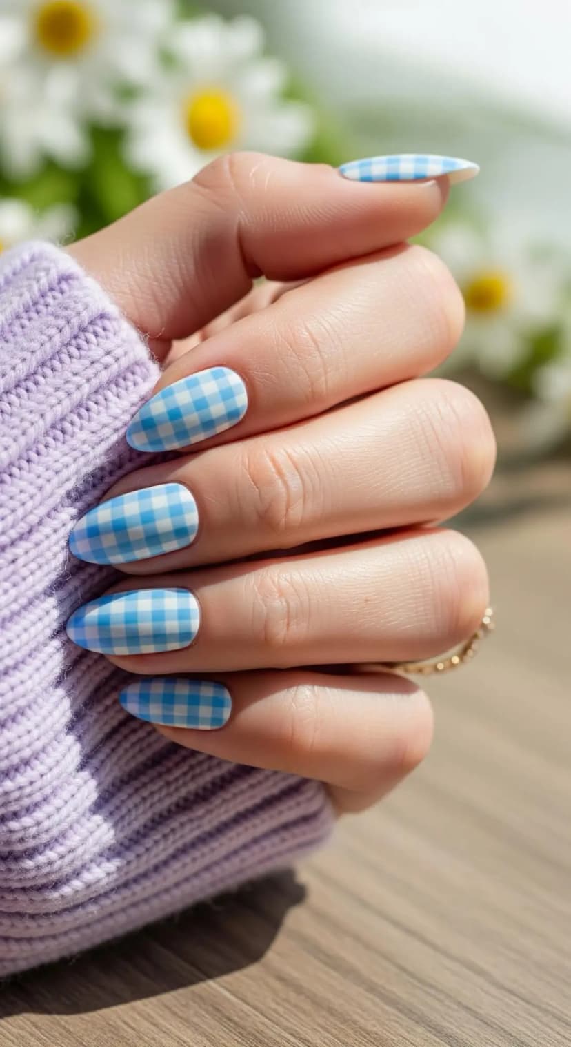 Light Blue Gingham Almond Nails