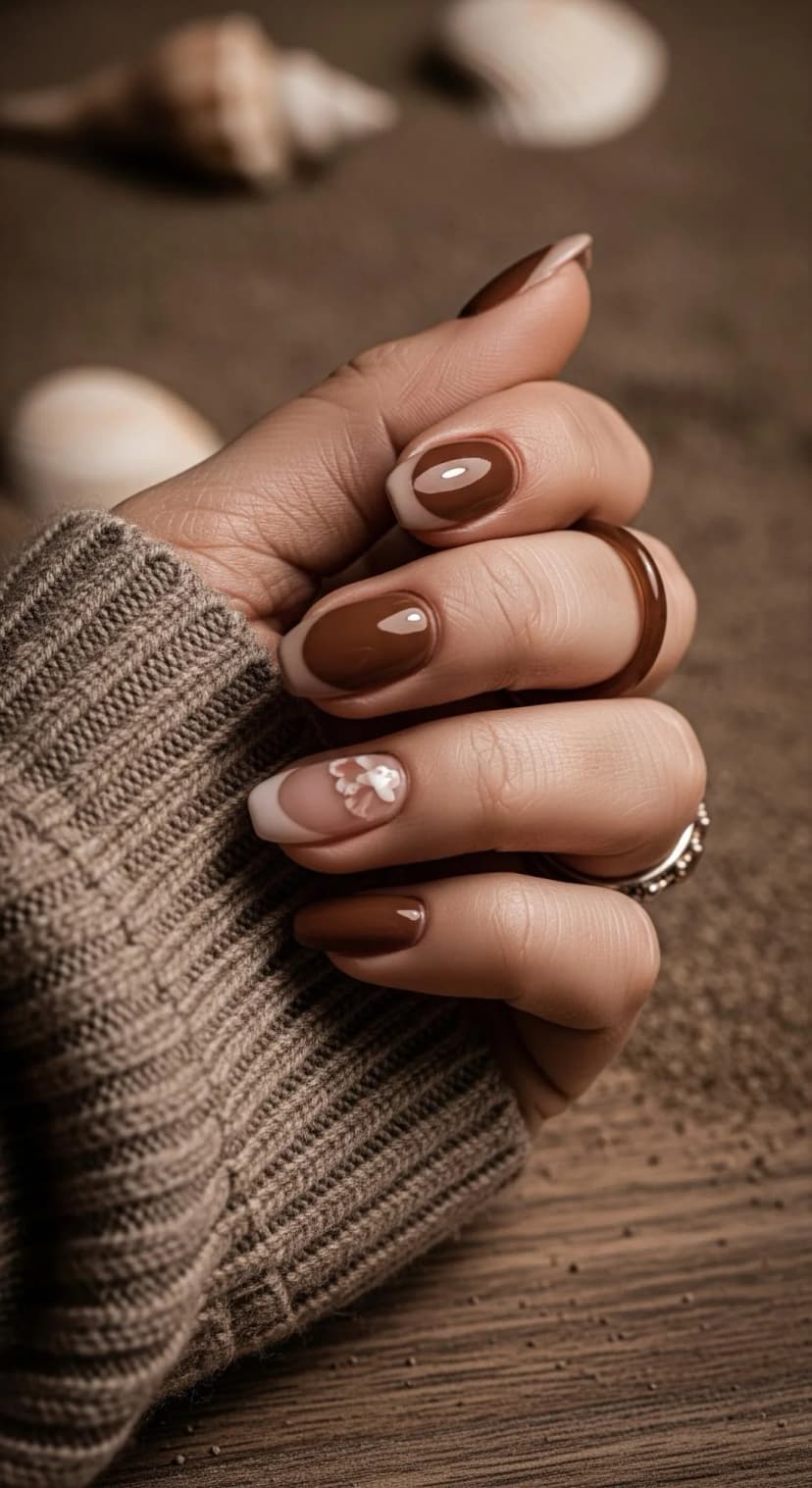 Rich Chocolate French Tip + Seashell Accent