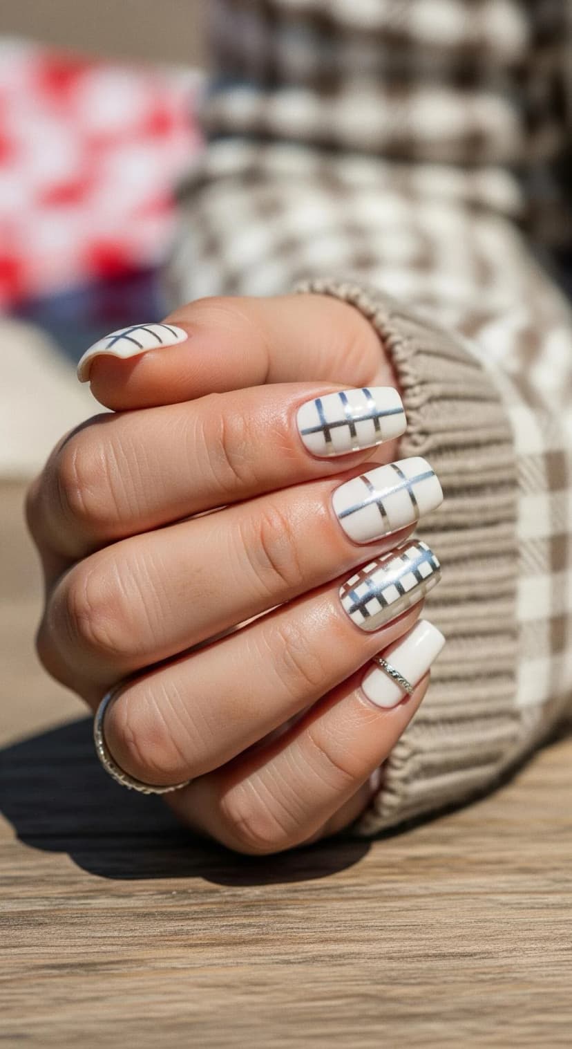 White French Tip + Silver Grid Accents