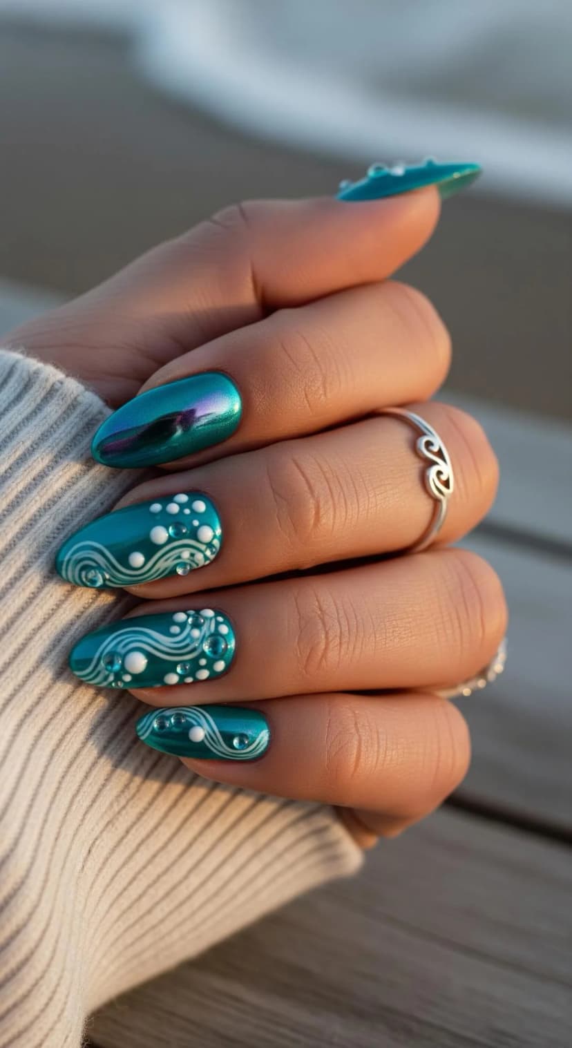 Teal Ocean Wave Chrome + White Swirls & Gems