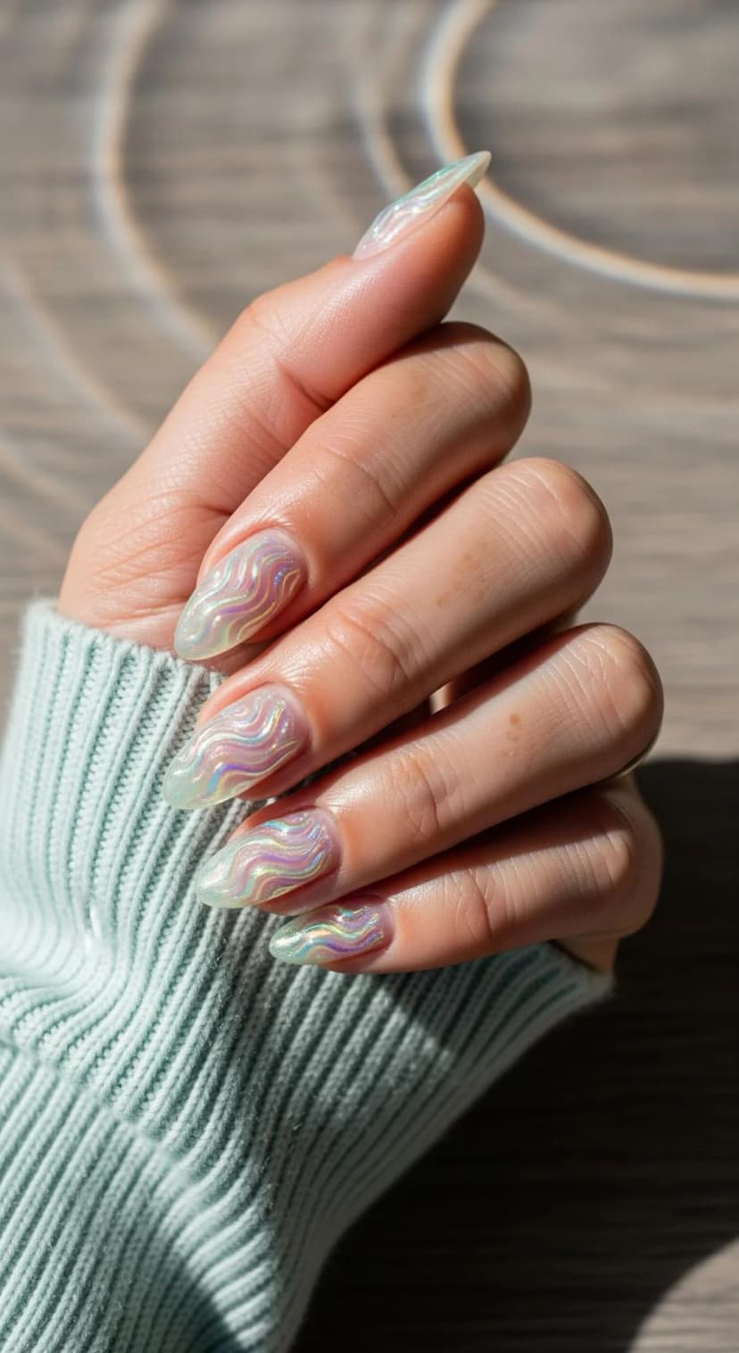 Sheer Iridescent Wavy Lines + Almond Shape