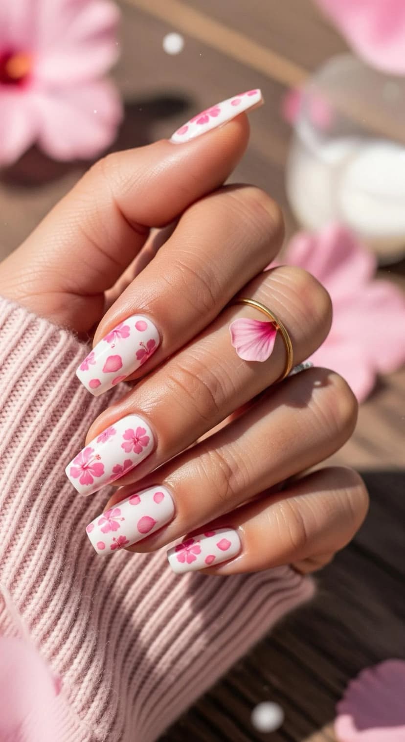 White Floral Print Nails + Pink Accents