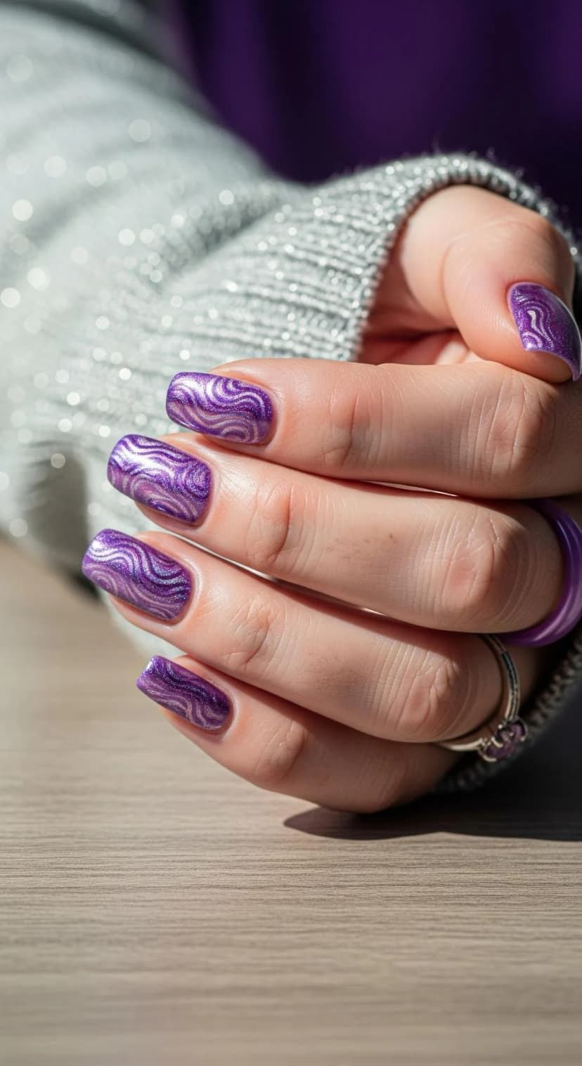 Sparkling Amethyst Swirls + Silver Metallic Waves