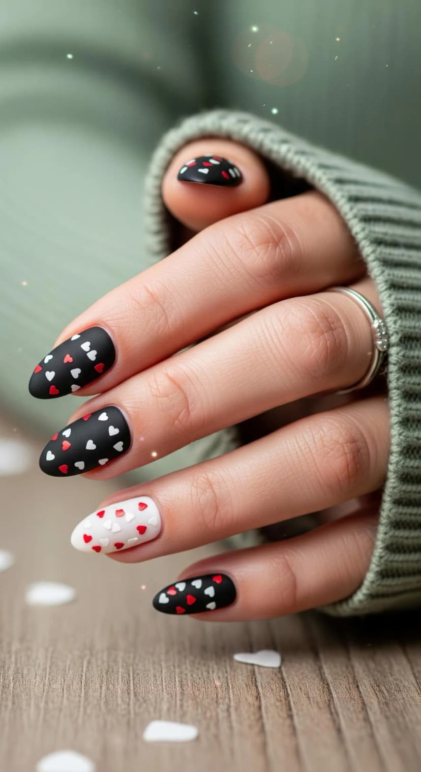 Matte Black Nails with Red & White Heart Nail Art