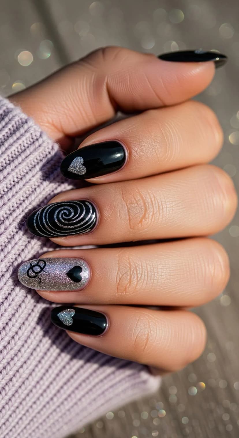 Black Glossy Nails with Silver Glitter Accents & Heart Details