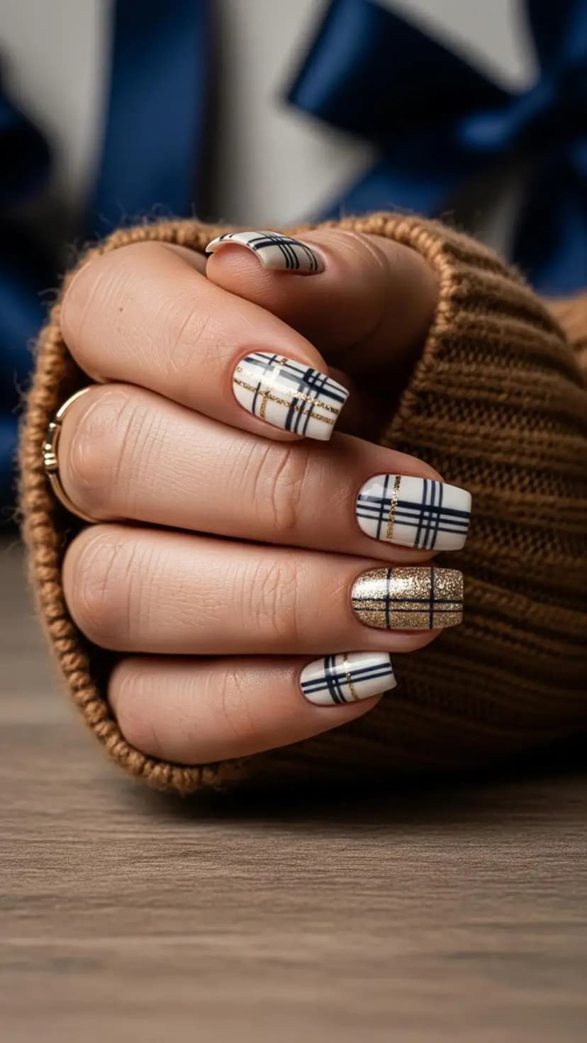 White Plaid & Gold Holiday Nails