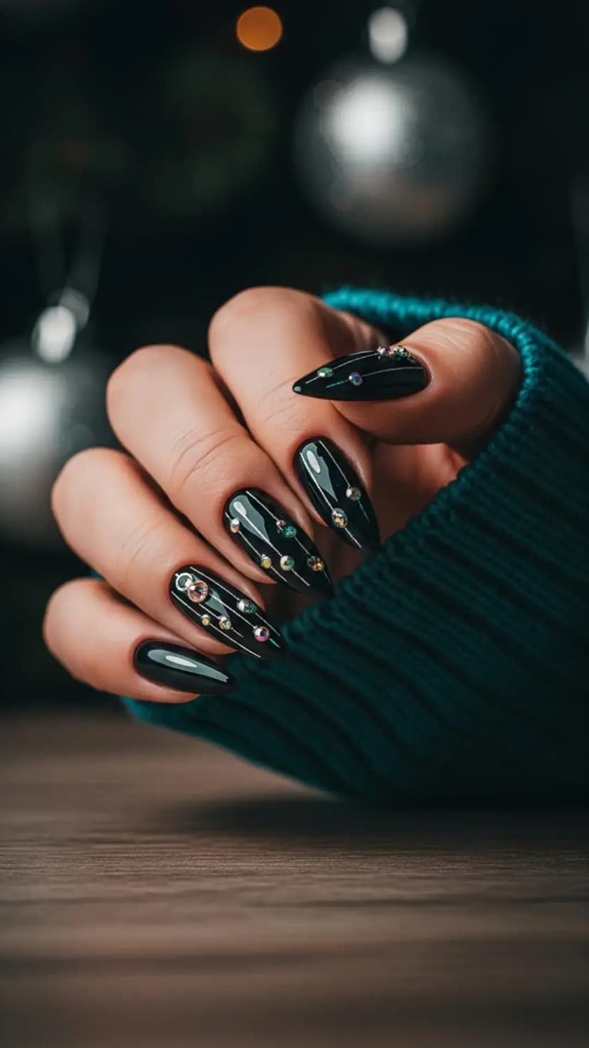 Midnight Black Gem Christmas Nails