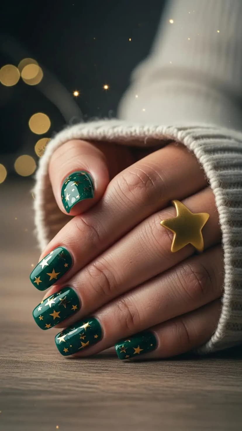Green & Gold Starry Christmas Nails