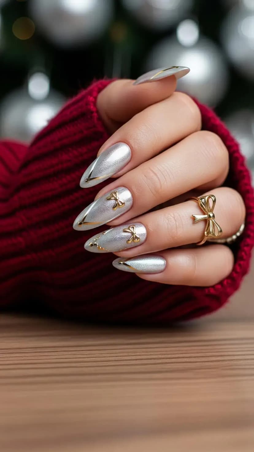 Silver Gift Bow Christmas Nails