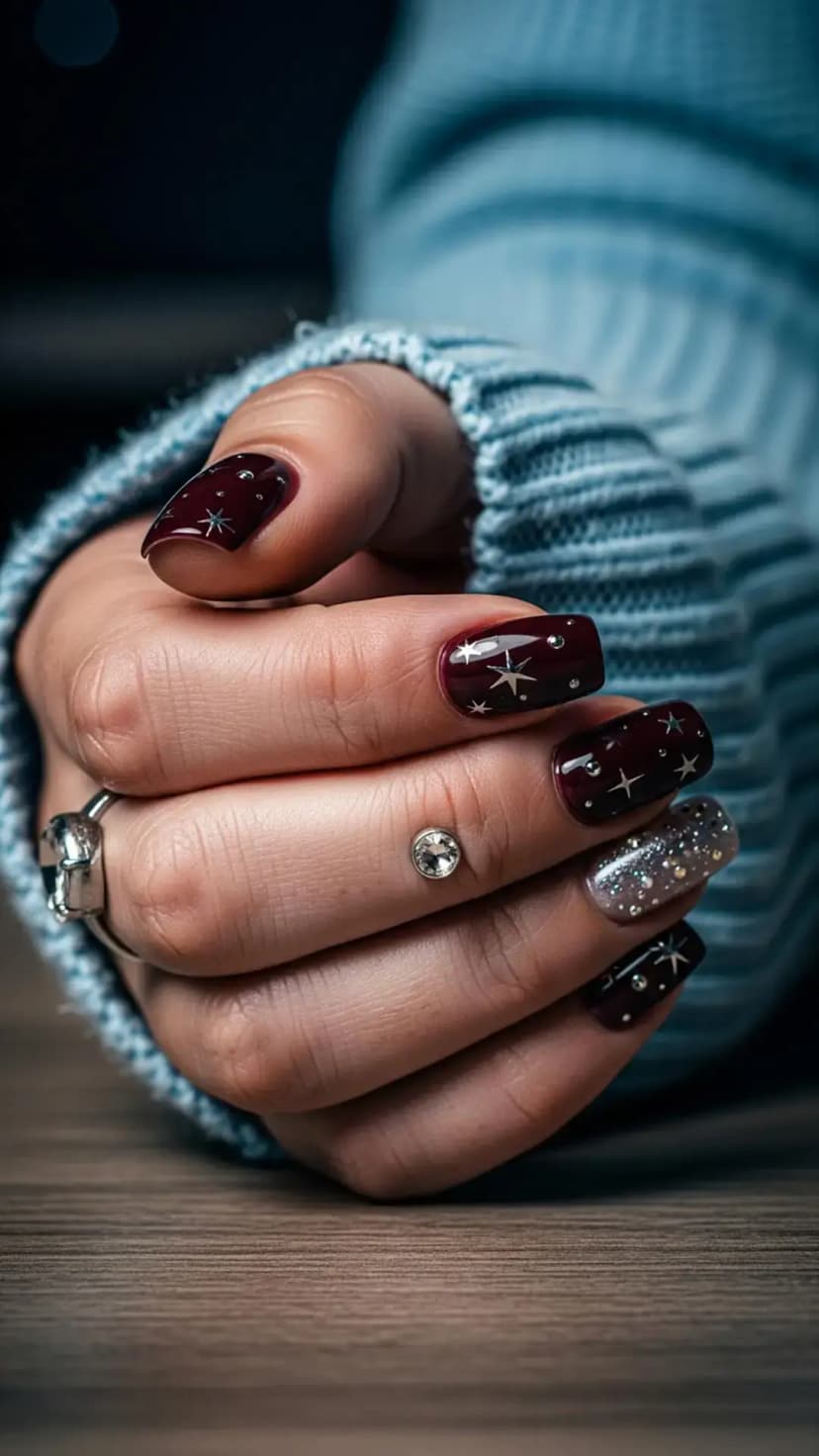 Burgundy Starry Night Christmas Nails