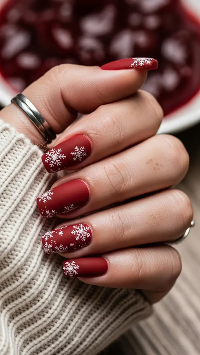 Matte Red Snowflake Christmas Nails