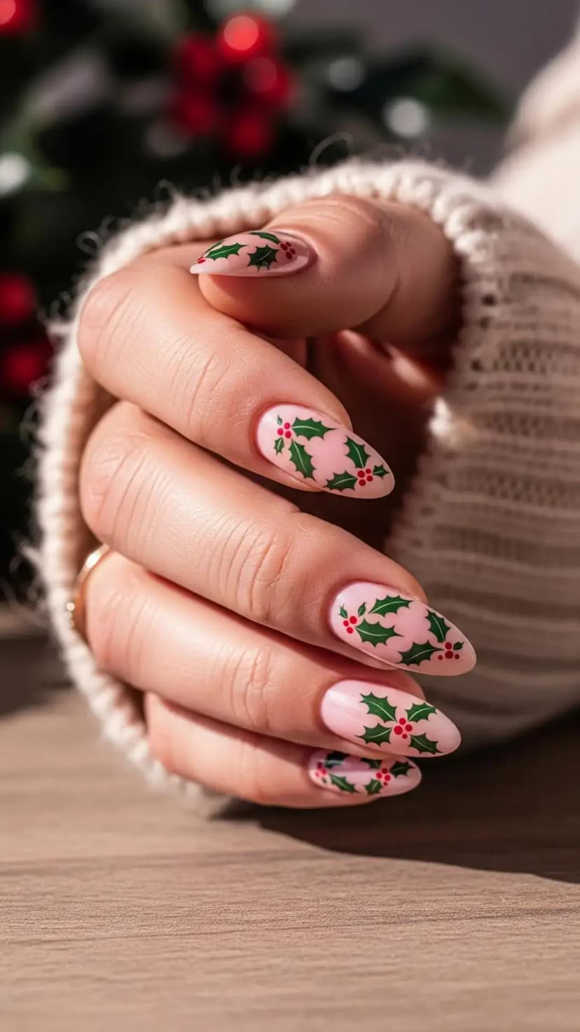 Pink Holly Berry Christmas Nails