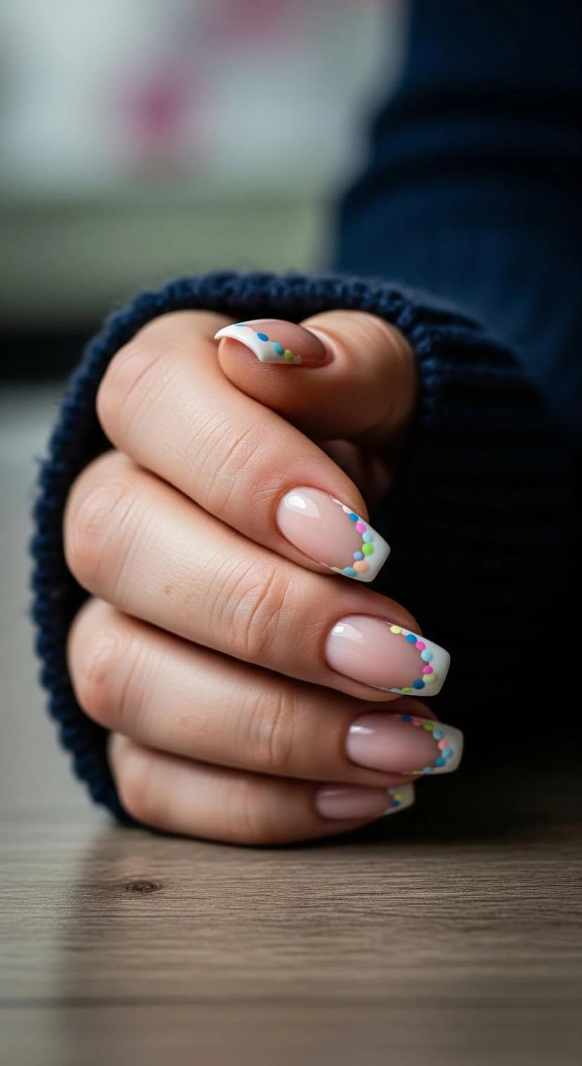 Pink Base French Tips with Colorful Dot Accents