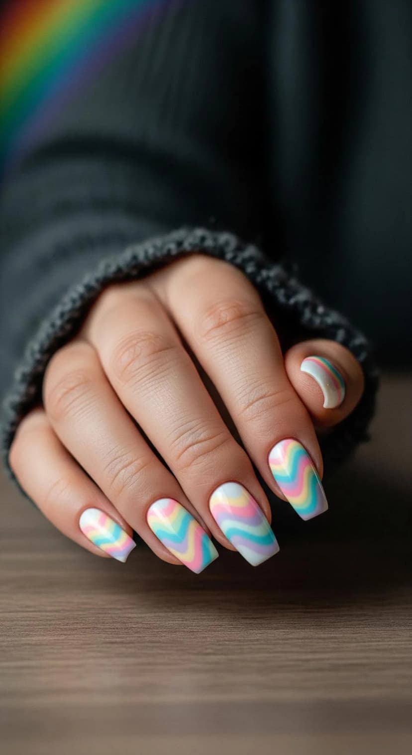 White Swirl Nail Art with Soft Pastel Touches