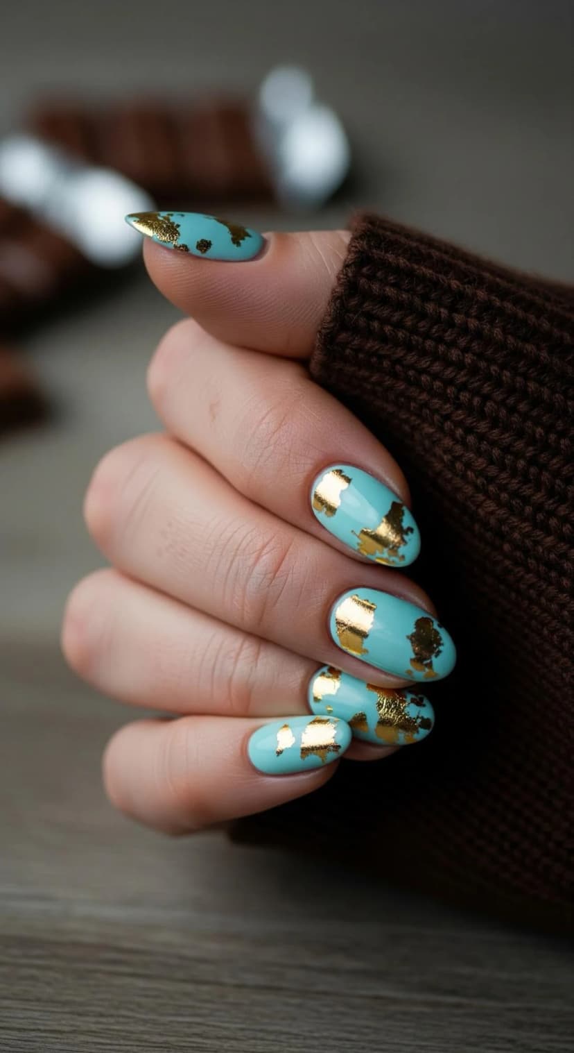 Teal Nails with Gold Foil Accents
