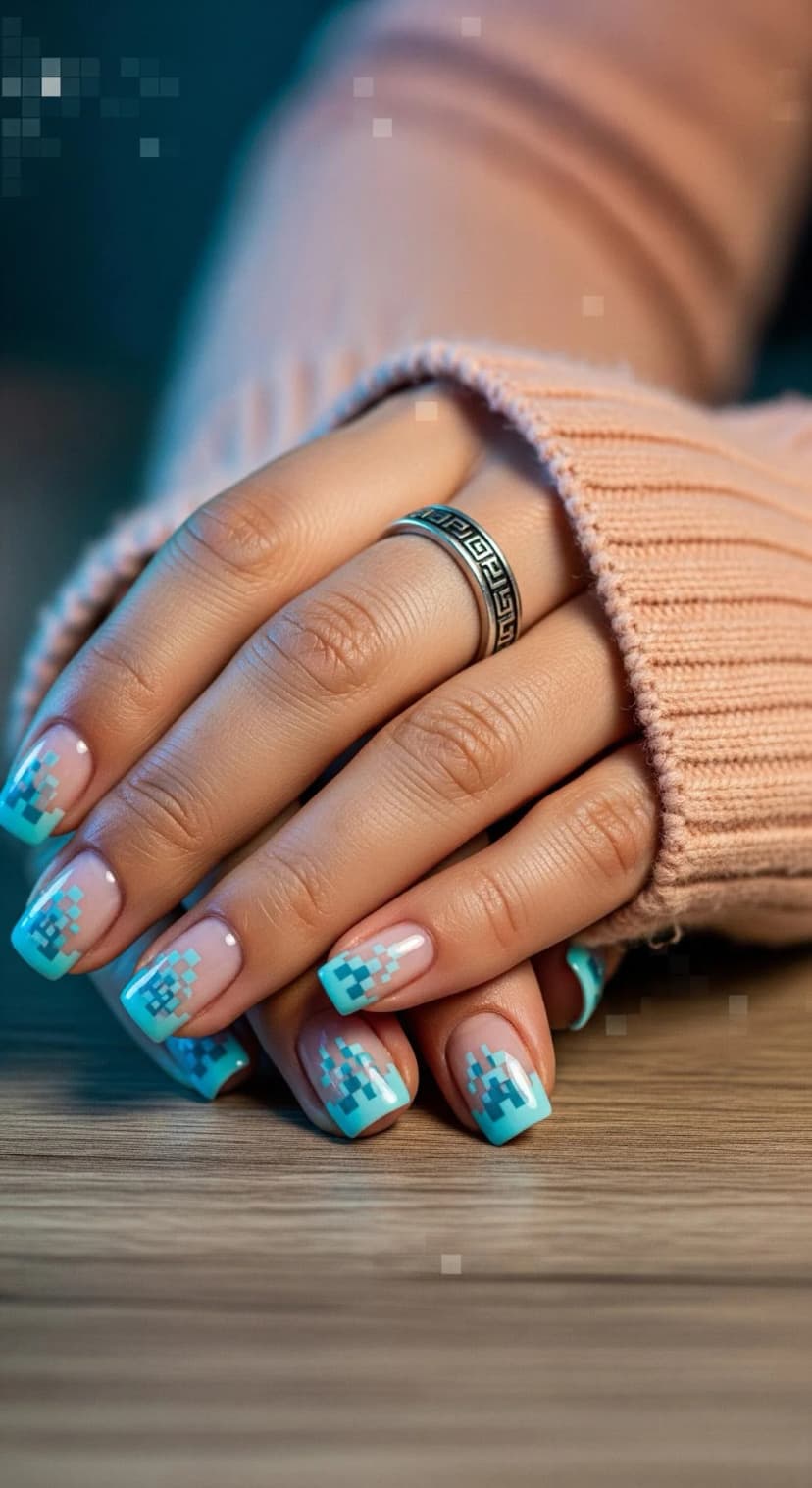 Nude French Tip Nails with Turquoise & Blue Geometric Patterns