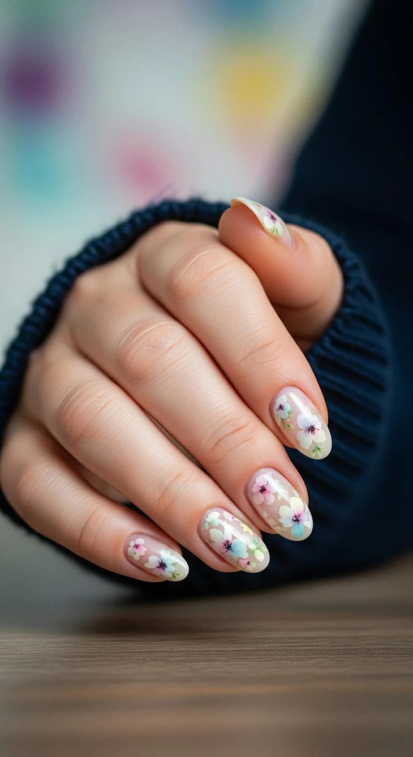 Sheer Floral Nail Art with Soft Pastel Details