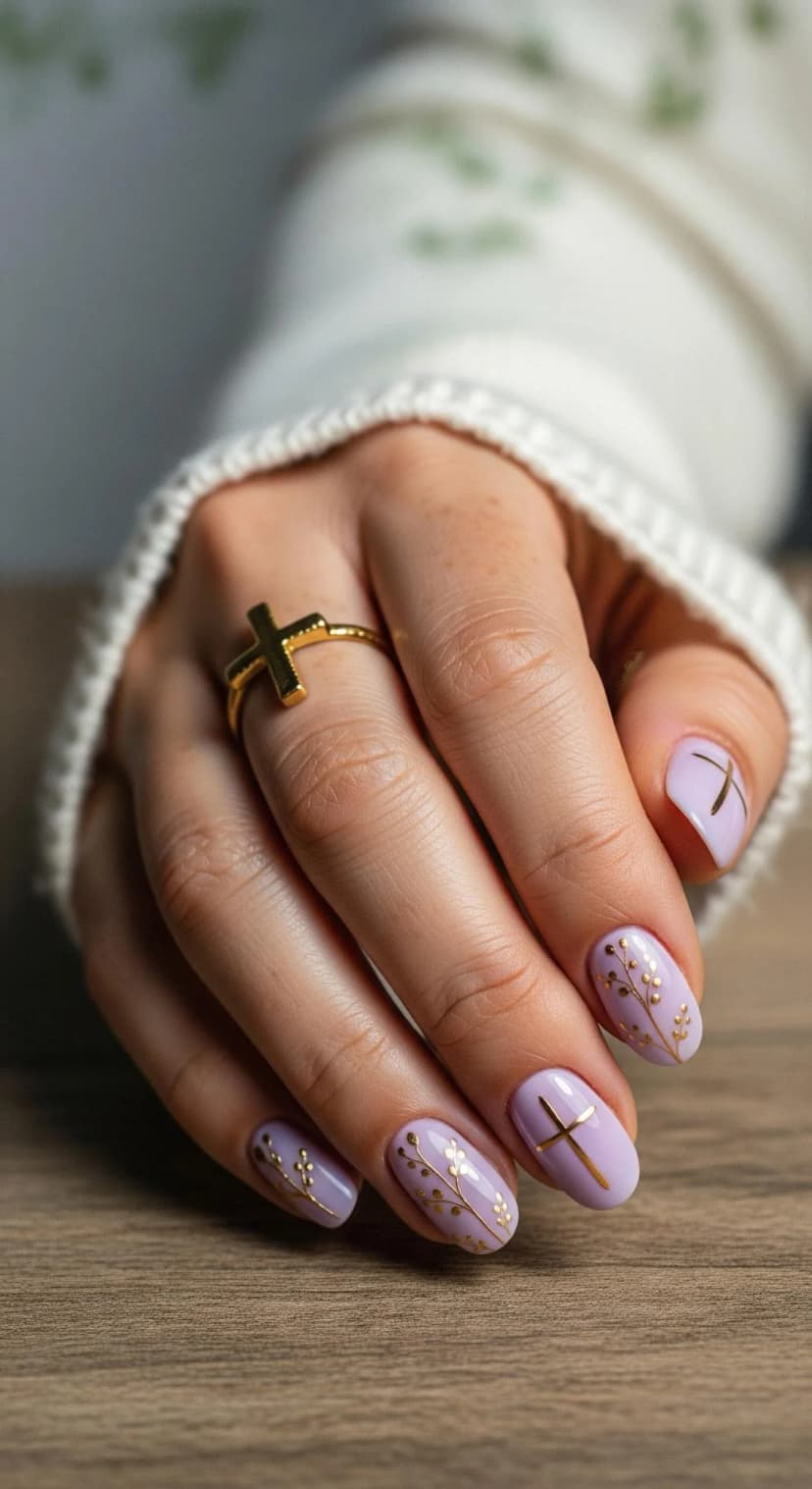 Lavender Matte Nails with Gold Botanical Accents