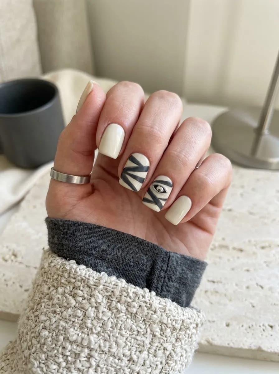 Short square cream nails with black mummy-wrap stripes and a gold rhinestone eye on accent nails