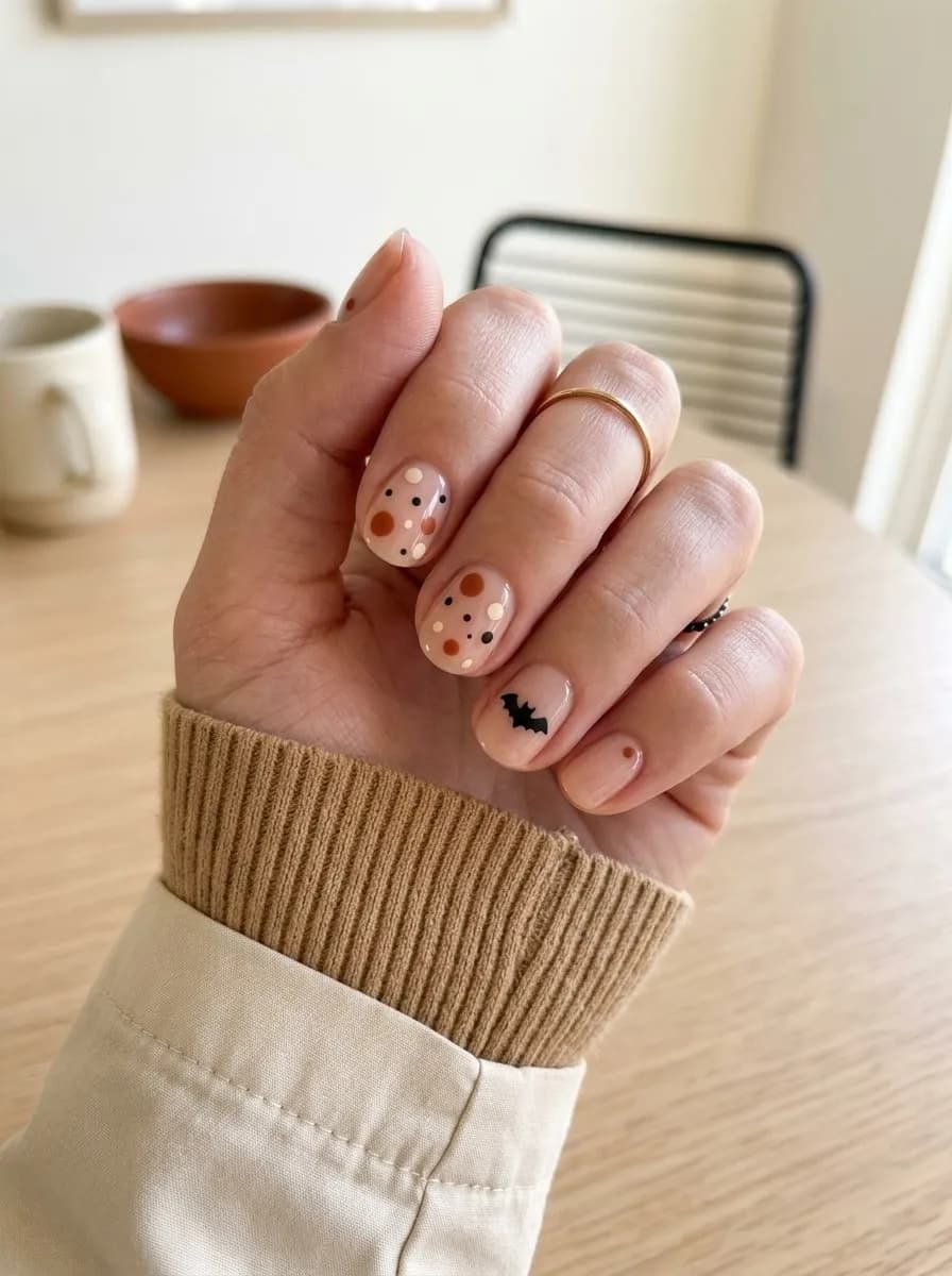 Short round warm nude nails with rust, cream, chocolate, and black confetti dots with a single black bat accent nail