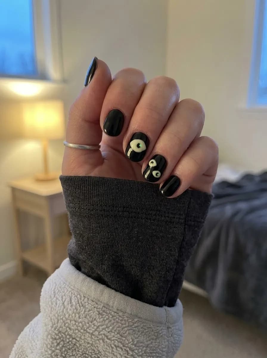 Short oval glossy black nails with creepy eyeball designs featuring white and green irises on two accent nails