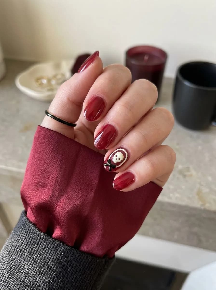 Short oval deep wine burgundy glossy nails with a cream skull cameo illustration featuring a decorative bow on one accent nail