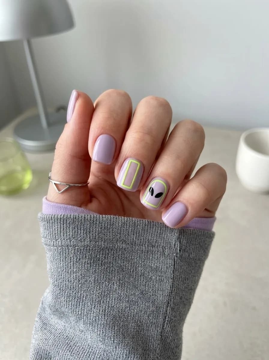 Short squoval soft lilac nails with neon lime rectangular outline borders and a tiny black alien face accent