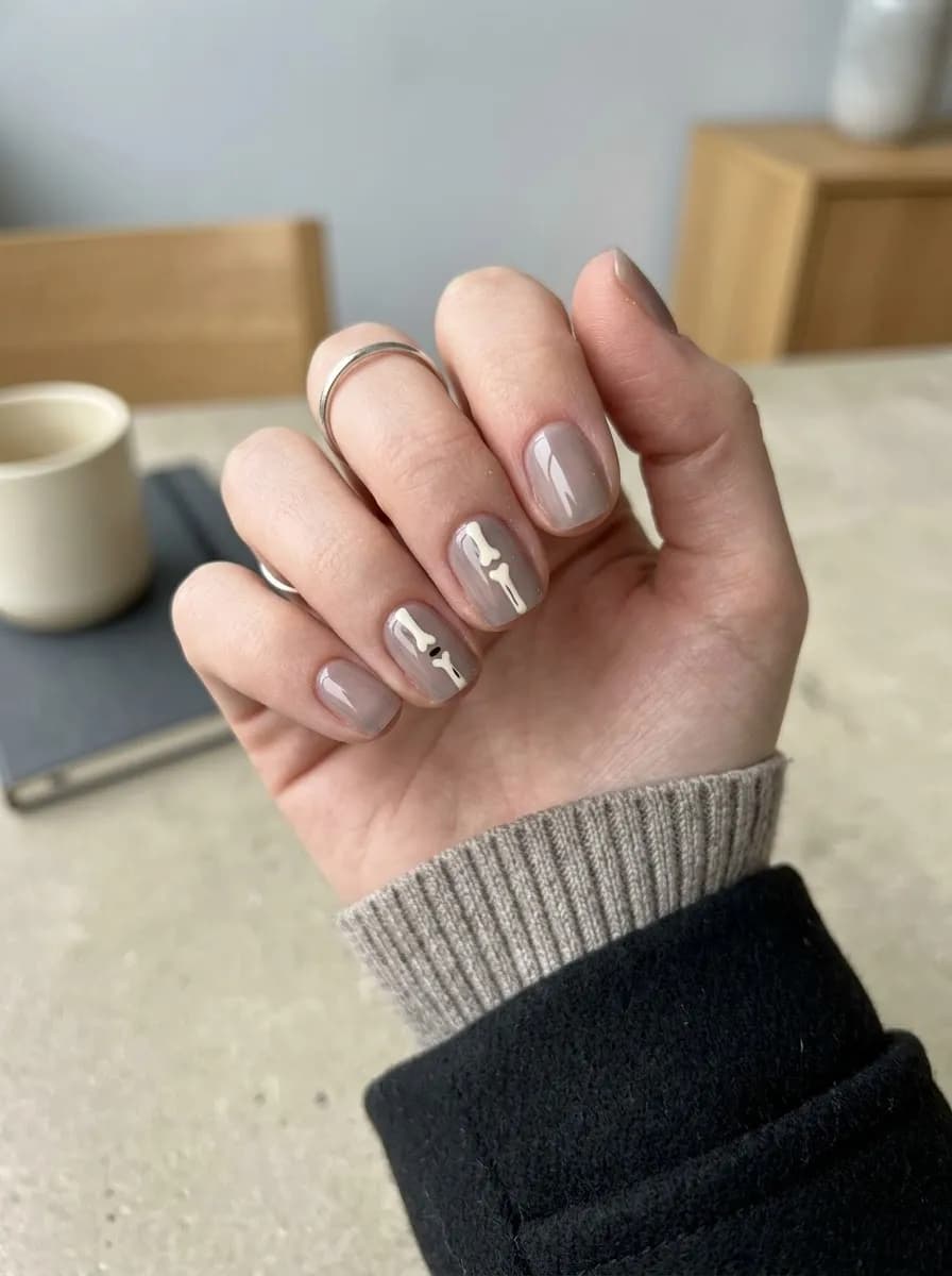 Short squoval matte greige taupe nails with small white bone and crossbone illustrations on accent nails