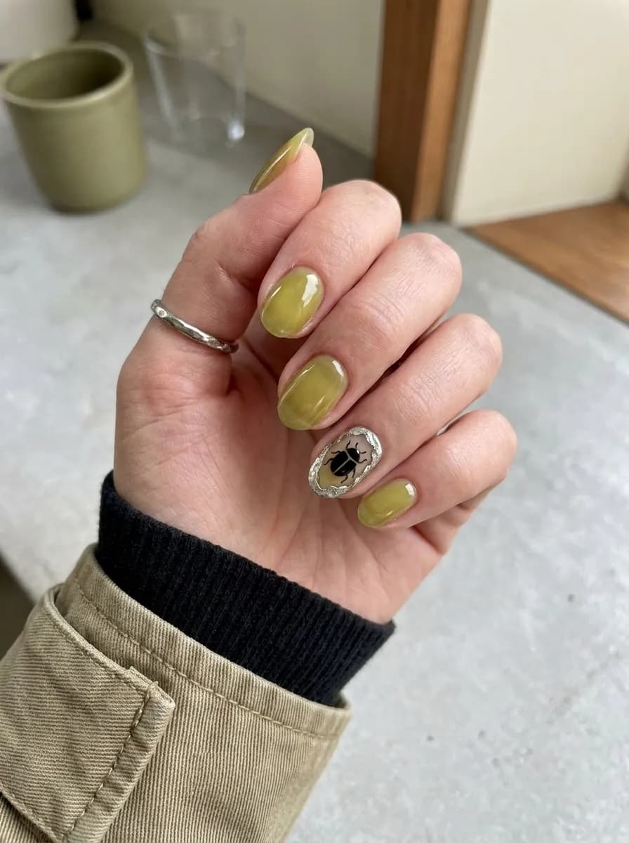 Short round glossy olive green nails with a black beetle illustration inside a silver glitter oval frame on one accent nail