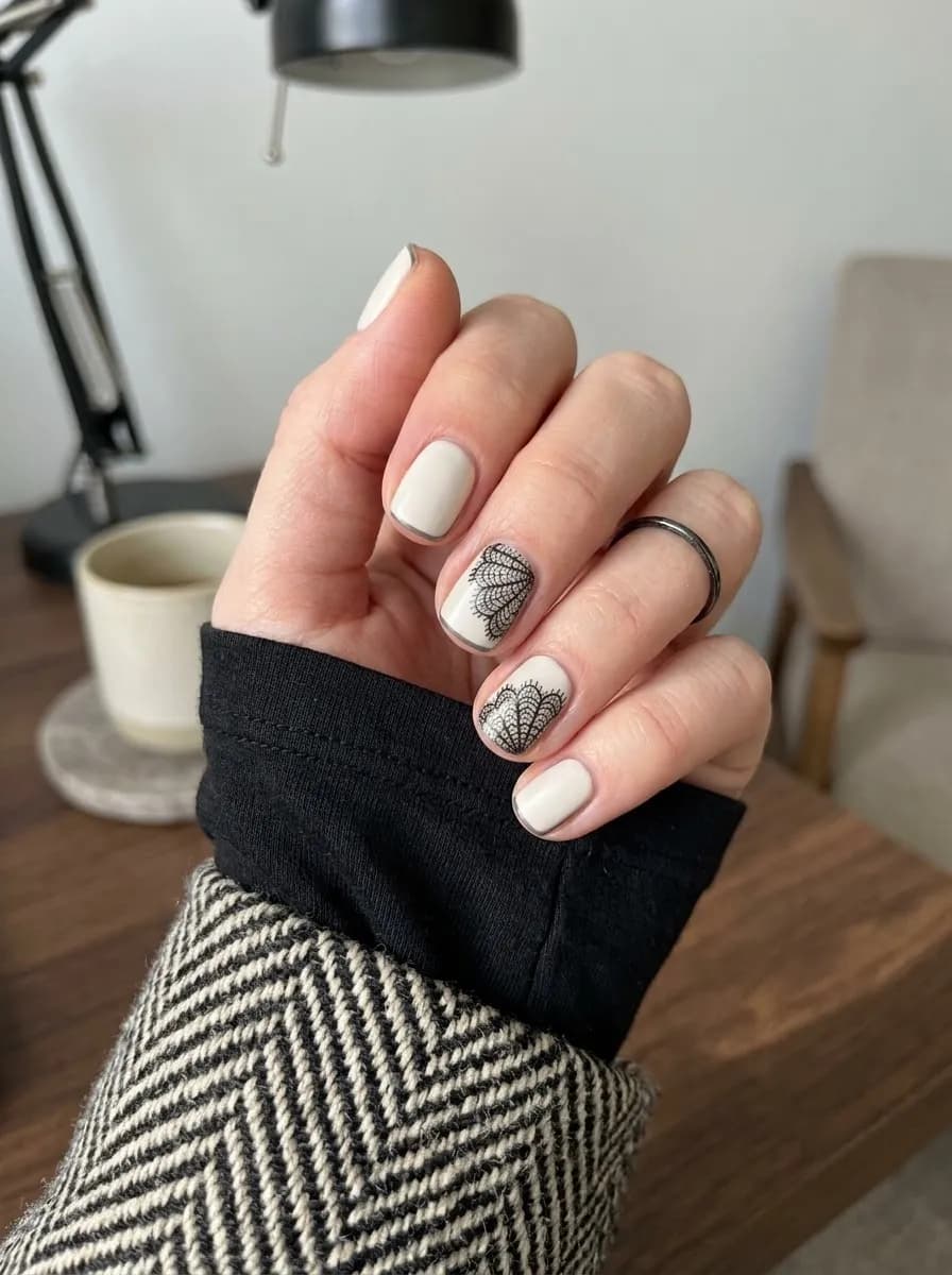 Short oval creamy off-white nails featuring delicate lace-like black spiderweb patterns on accent nails