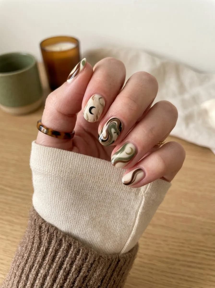Short oval nails with marbled swirls of cream, moss green, espresso brown, and black accented with tiny crescent moons