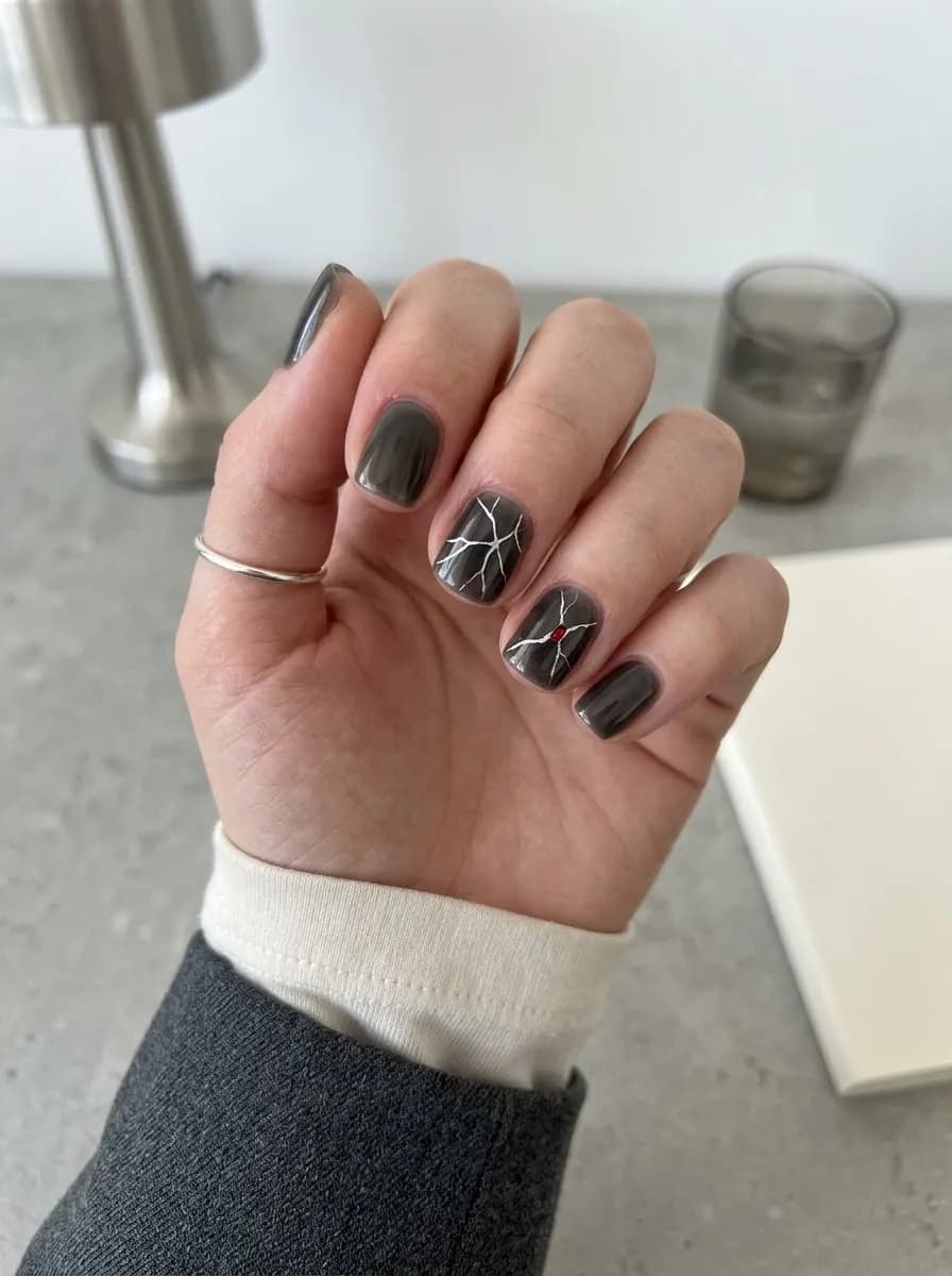 Short squoval glossy dark charcoal smoky grey nails with fractured silver metallic lines and a tiny red accent